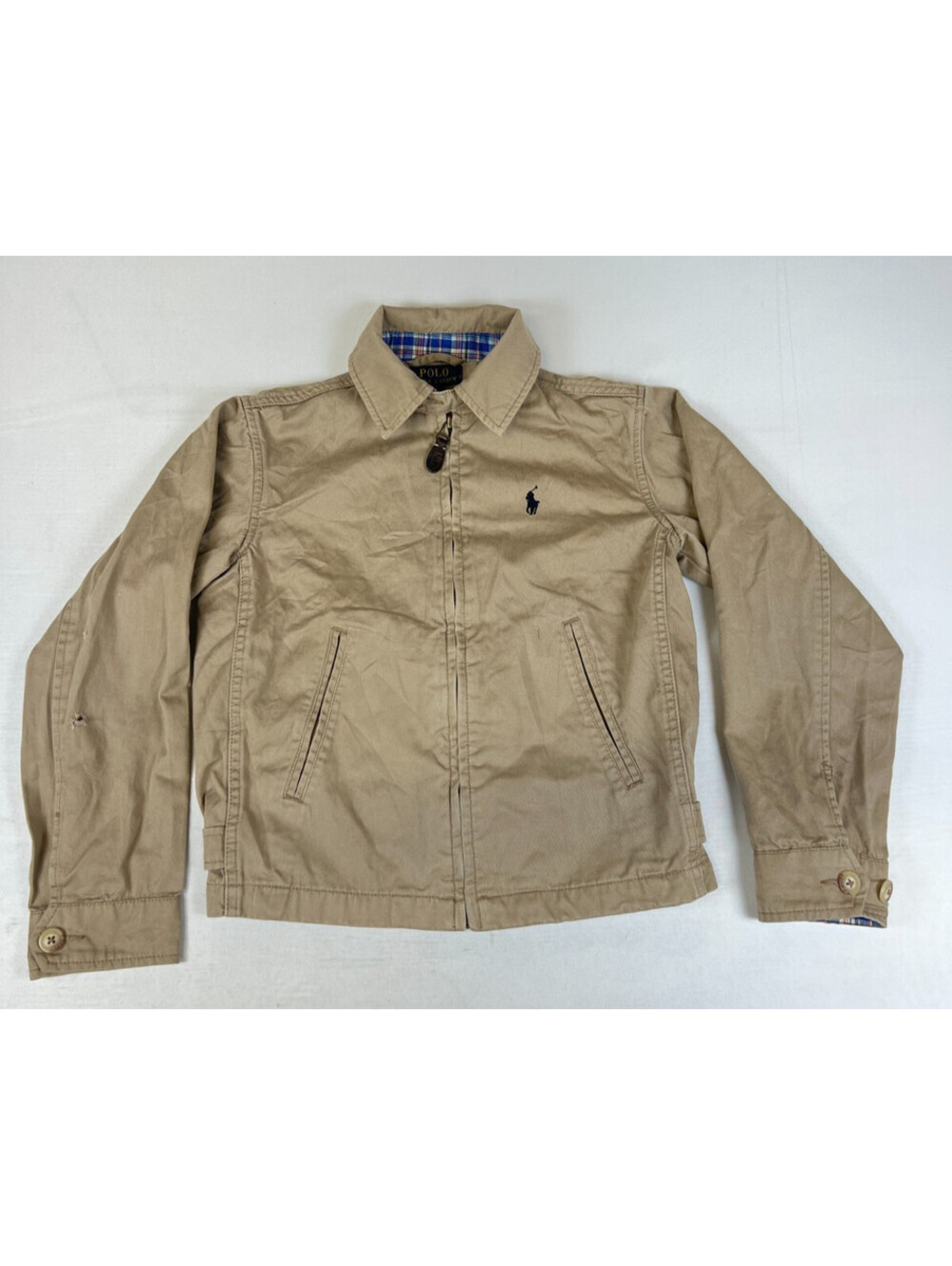 Polo Ralph Lauren Kids S(8) Khaki Cotton Full Zip Harrington Jacket Plaid Collar
